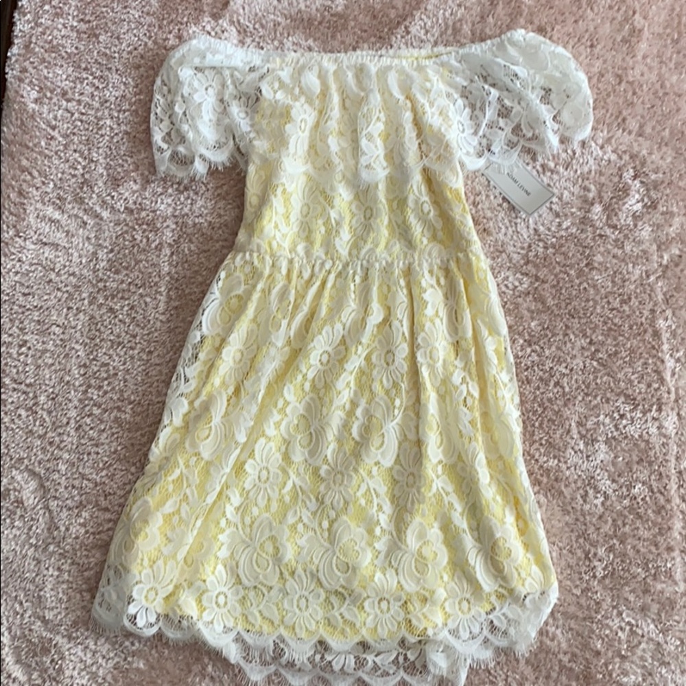 Adam Levine off the shoulder yellow lace dress
